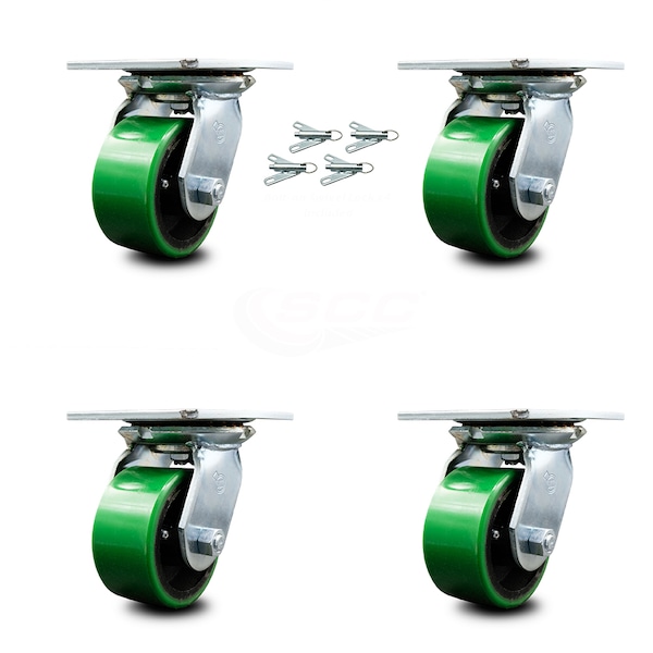 4 Inch Green Poly on Cast Iron Caster Set with Ball Bearings and Swivel Locks